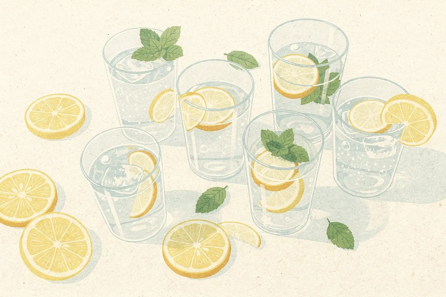 Overhead view of a kitchen counter with clear glasses of water and fruit-infused drinks surrounded by fresh citrus and mint.