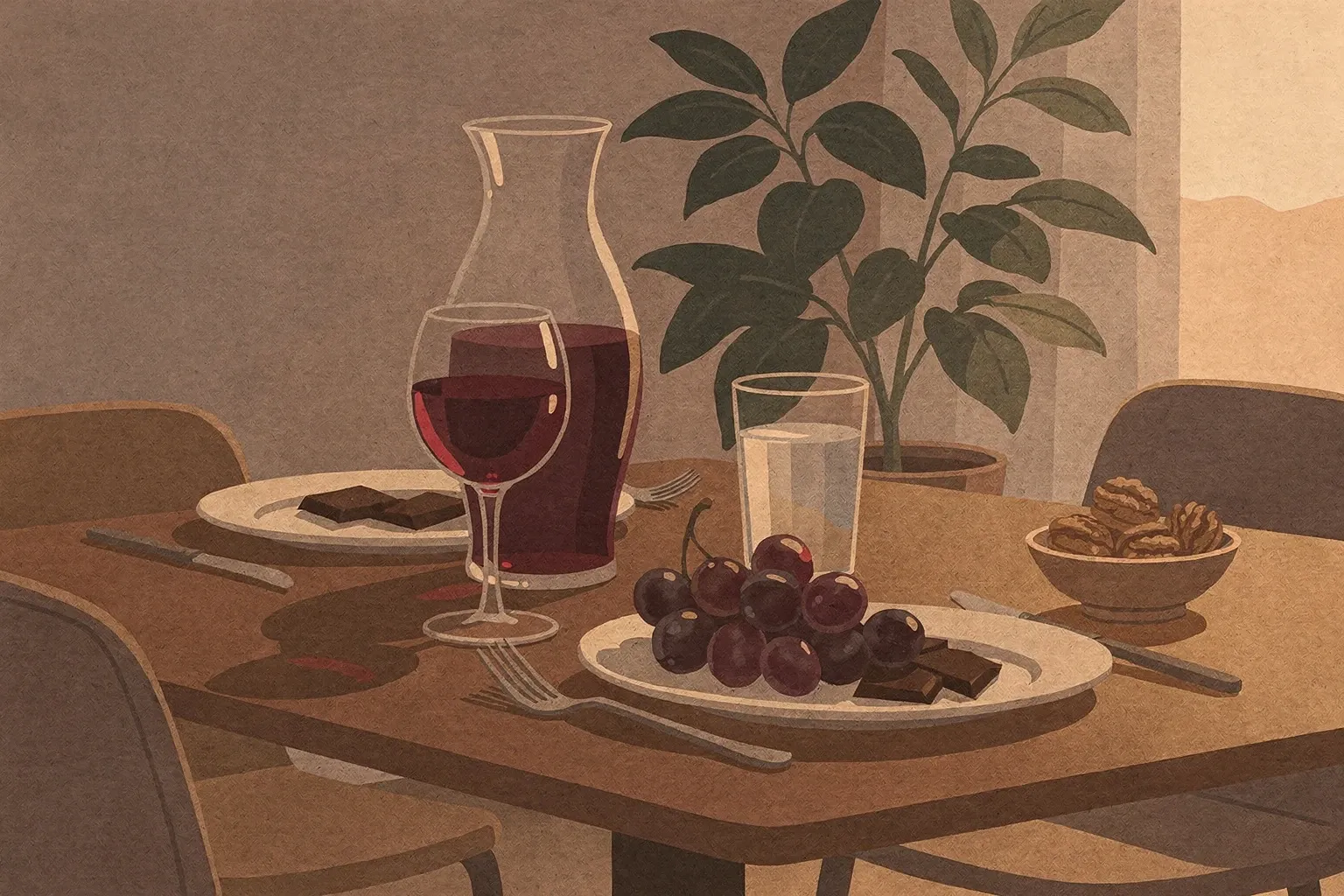 A dining table set with a carafe of deep red non-alcoholic wine, a water glass, a plate of grapes and dark chocolate, and a bowl of walnuts, with a leafy plant in the background.