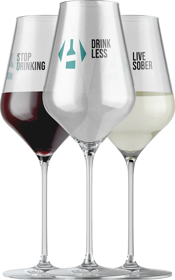 Wine glasses saying Stop Drinking, Drink Less, and Live Sober